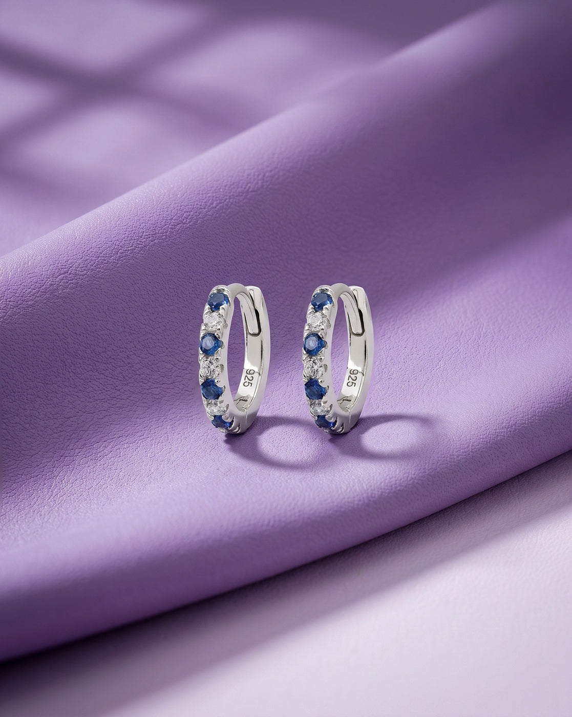 925 Sterling Silver Rhodium Plated Blue Saphire CZ Studded Mini Hoop Earring