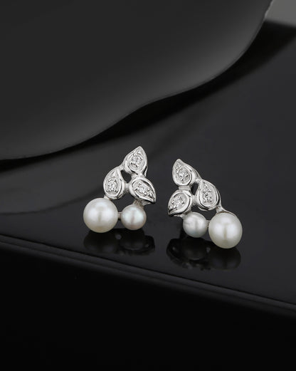 925 Sterling Silver Rhodium Plated CZ and Pearl Contemporary Mini Stud Earring