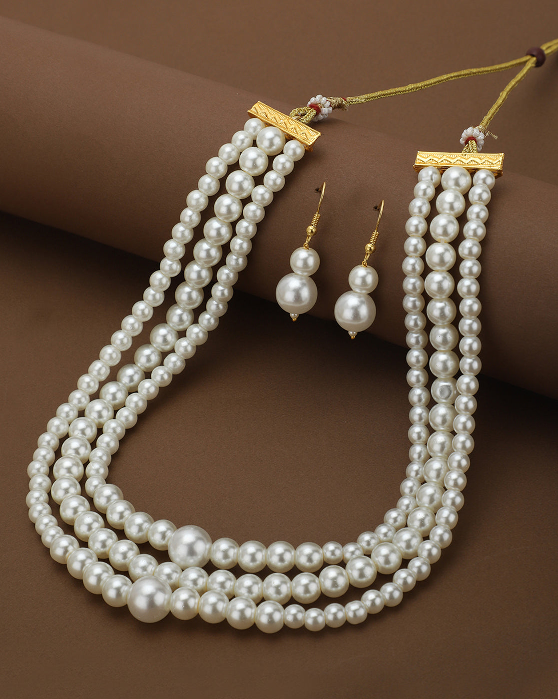 Gold Plated Triple Strand Graduation Pearl Necklace with Earring Set