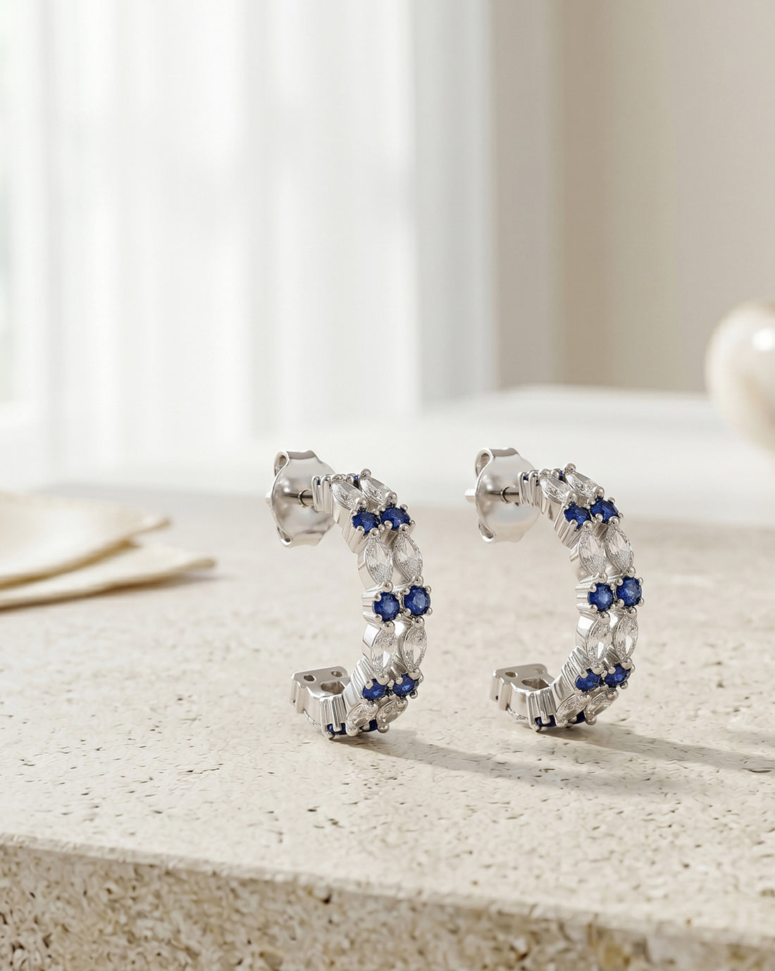 Rhodium Plated Blue Sapphire Studded Double Band Half Hoop Earring
