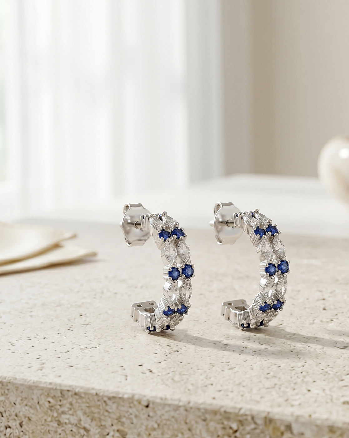 Rhodium Plated Blue Sapphire Studded Double Band Half Hoop Earring