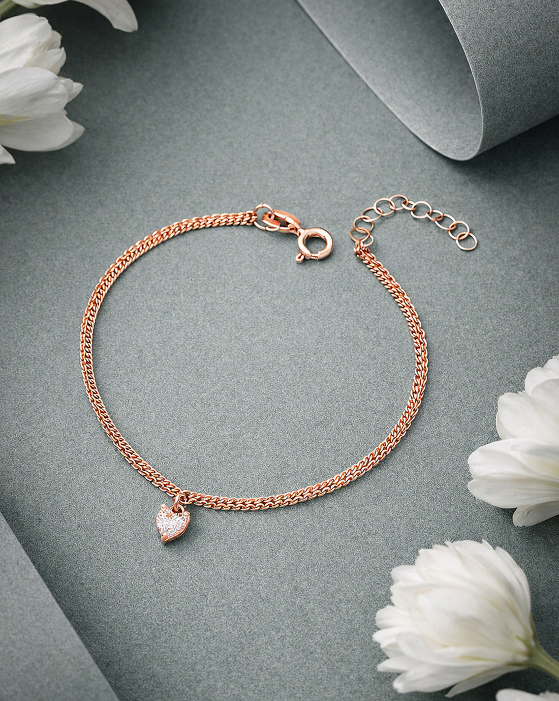 925 Sterling Silver 18kt Rose Gold Plated Double Layered CZ Heart Charm Bracelet