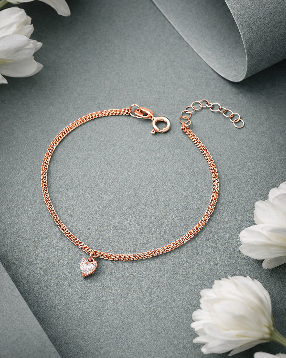 925 Sterling Silver 18kt Rose Gold Plated Double Layered CZ Heart Charm Bracelet