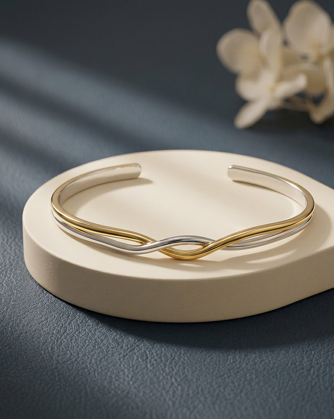 Rhodium and 18kt Gold Plated Twisted Cuff Bangle