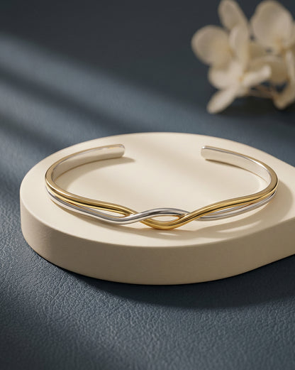Rhodium and 18kt Gold Plated Twisted Cuff Bangle