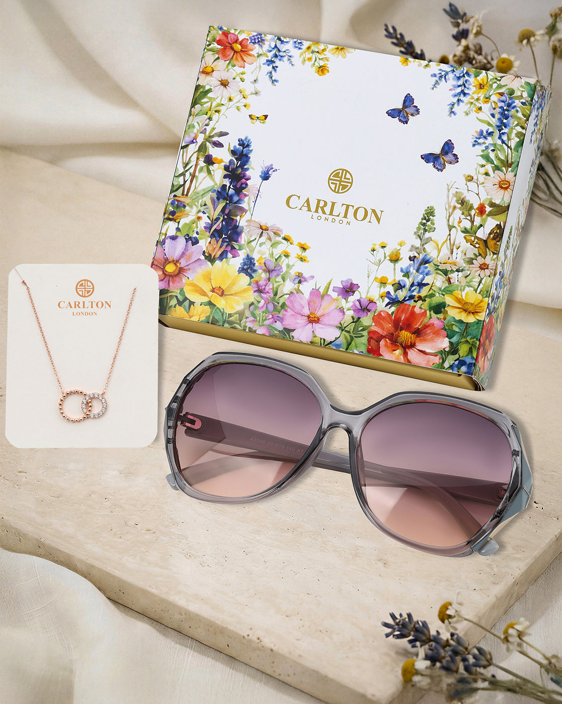 Women Grey Toned UV Protected Sunglasses and 18kt Rose Gold Plated CZ Nekclace Set