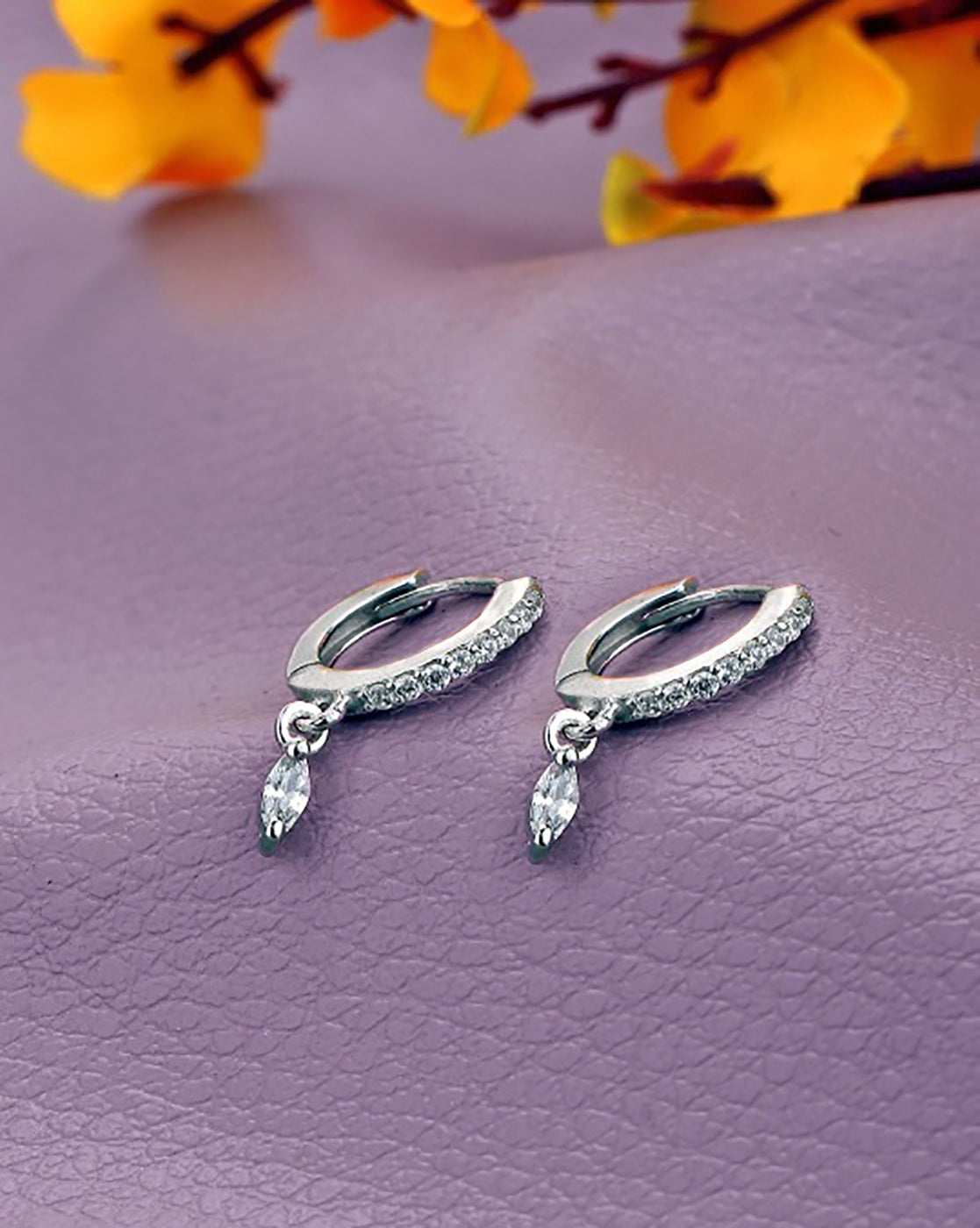 925 Sterling Silver Rhodium Plated Dangling Solitaire Mini Hoop Earring