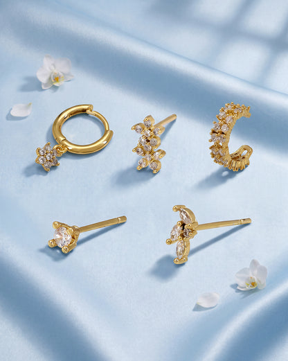 Gold Plated Designer Stud, Cuff &amp; Mini Hoop with CZ Piercing Set