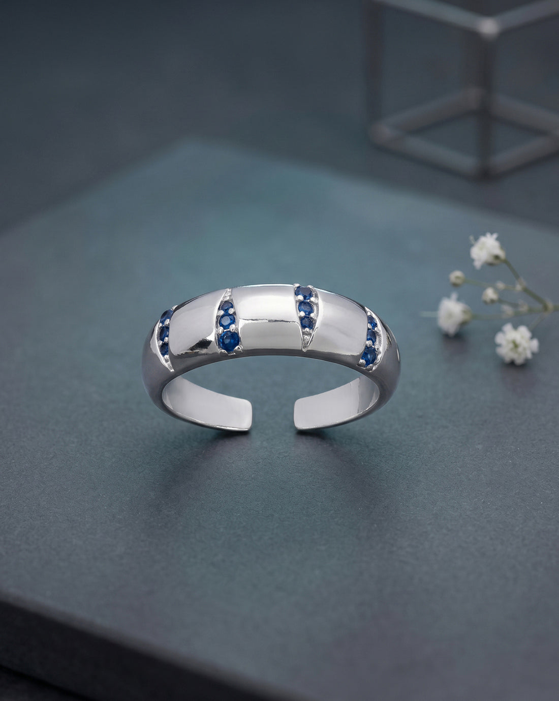 Rhodium Plated Contemporary Sapphire Studded Adjustable Ring