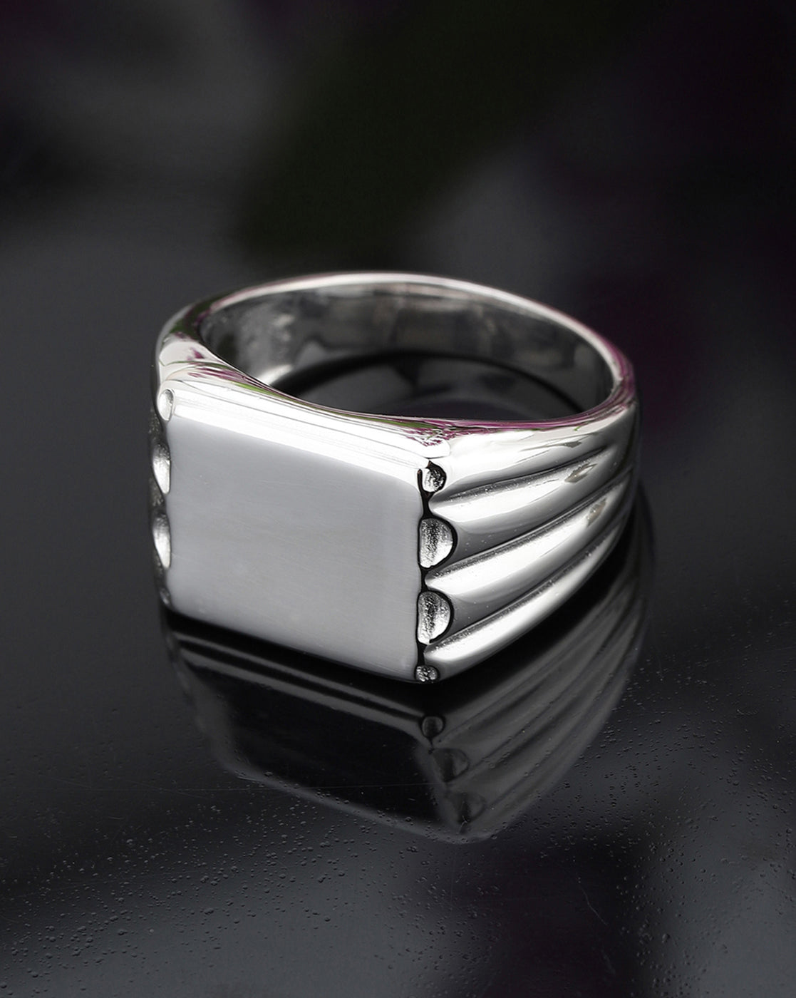 Men Rhodium Plated Signet Ring with Flat Rectangular Face