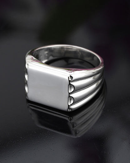 Men Rhodium Plated Signet Ring with Flat Rectangular Face