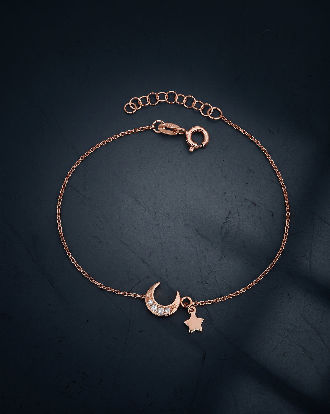 925 Sterling Silver 18kt Rose Gold Plated CZ Moon and Star Charm Bracelet