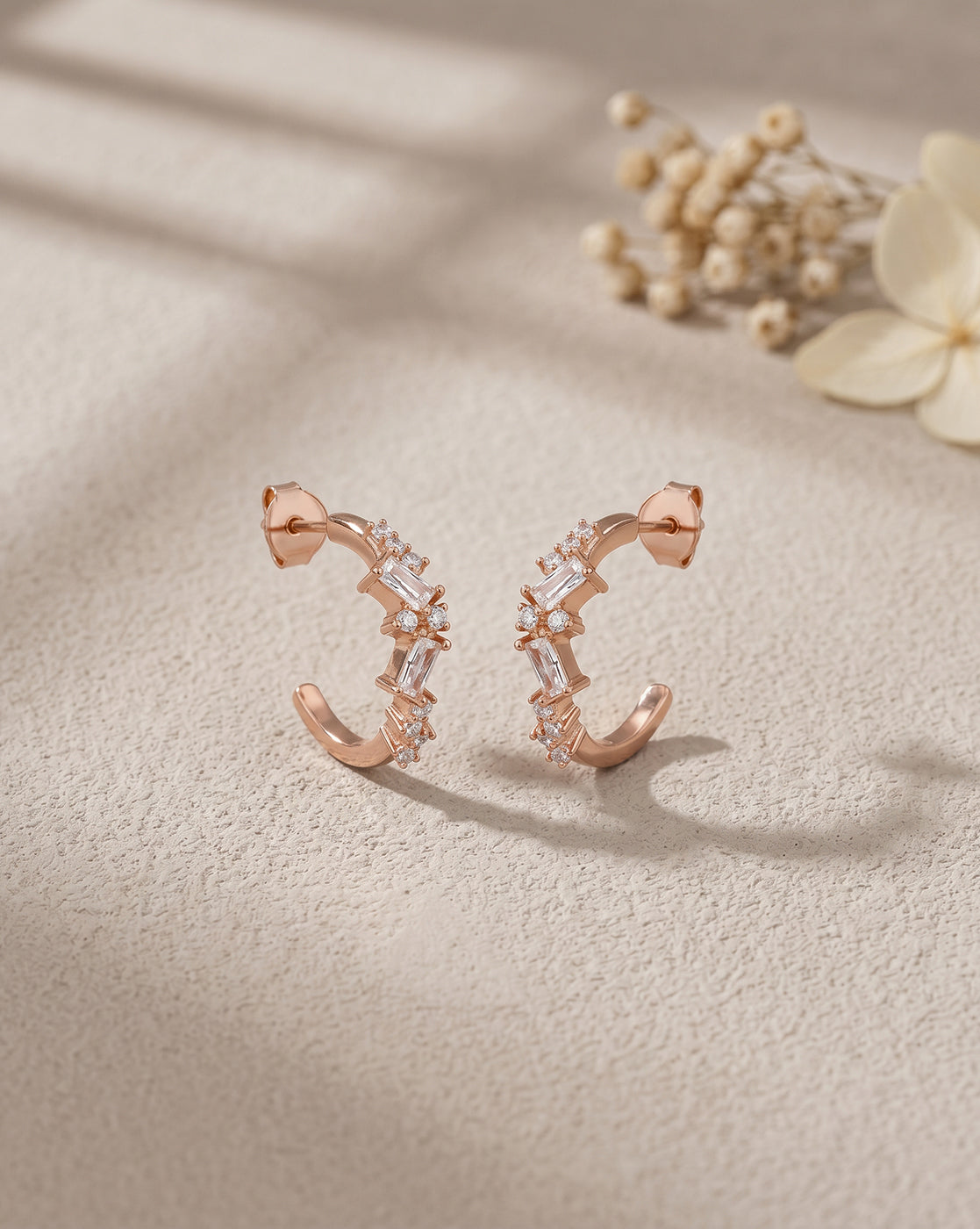 18kt Rose Gold Plated Baguette CZ  Half Hoop Earring