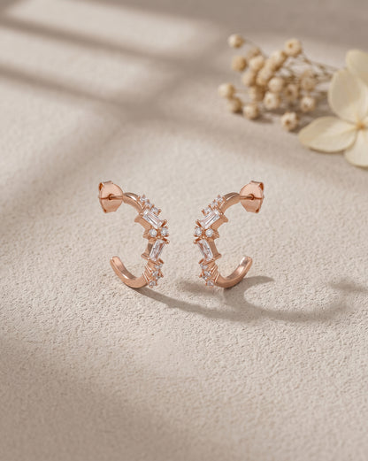 18kt Rose Gold Plated Baguette CZ  Half Hoop Earring