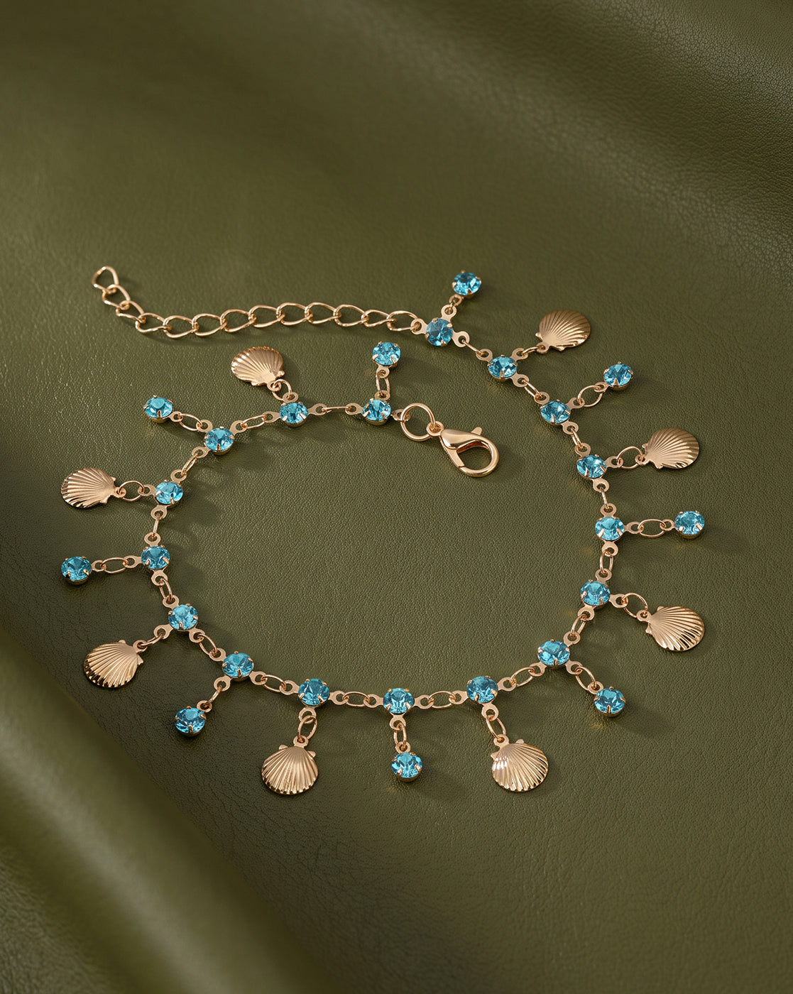 Rose Gold Plated Sea Shell and Turquoise Blue Studded Charm Anklet