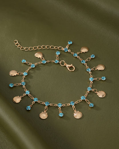 Rose Gold Plated Sea Shell and Turquoise Blue Studded Charm Anklet