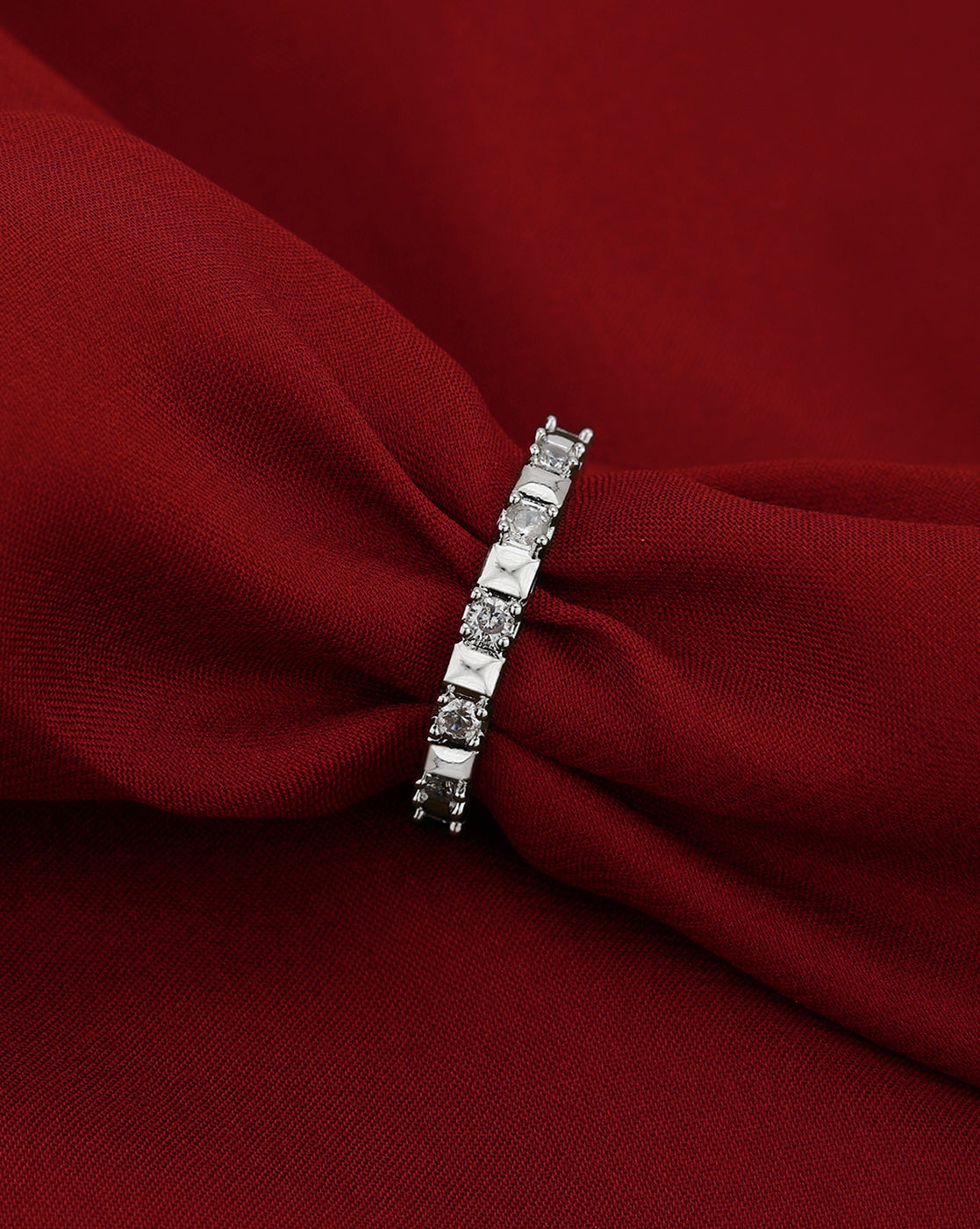 Silver Plated Sleek Cubic Zirconia Accent Band Adjustable Ring