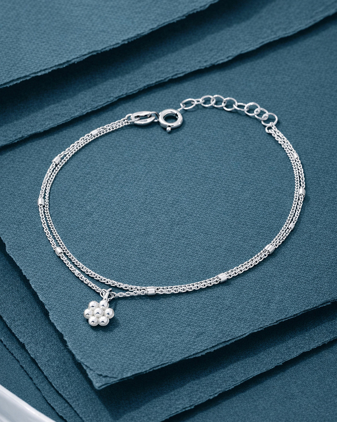 925 Sterling Silver Rhodium Plated Double Layered Floral Charm Bracelet