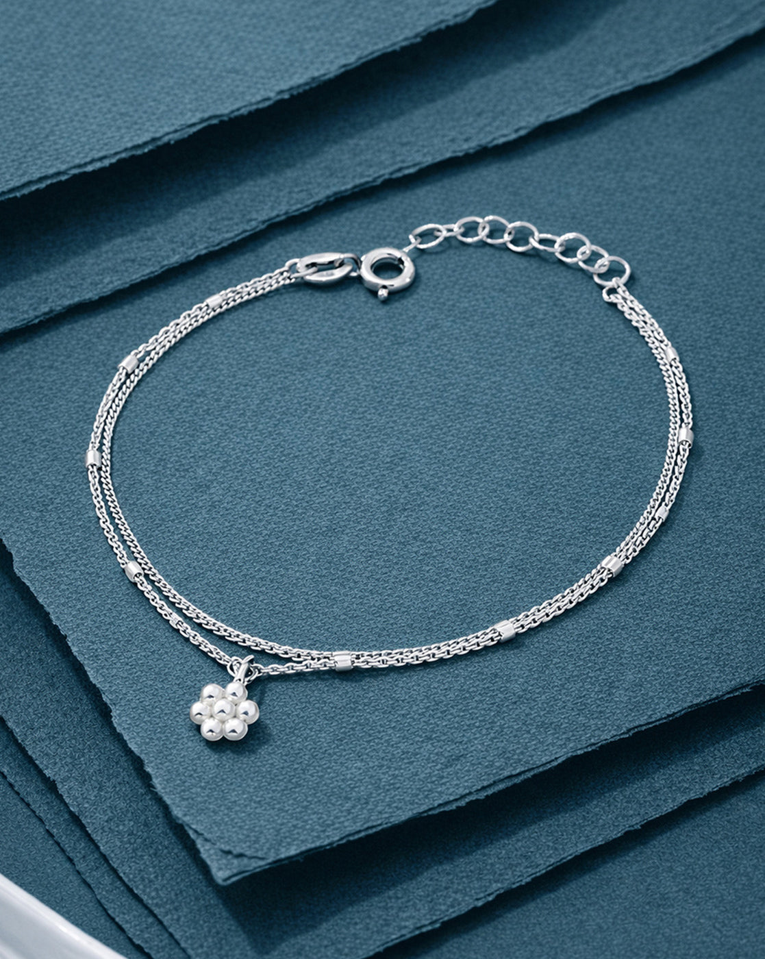 925 Sterling Silver Rhodium Plated Double Layered Floral Charm Bracelet