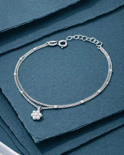 925 Sterling Silver Rhodium Plated Double Layered Floral Charm Bracelet