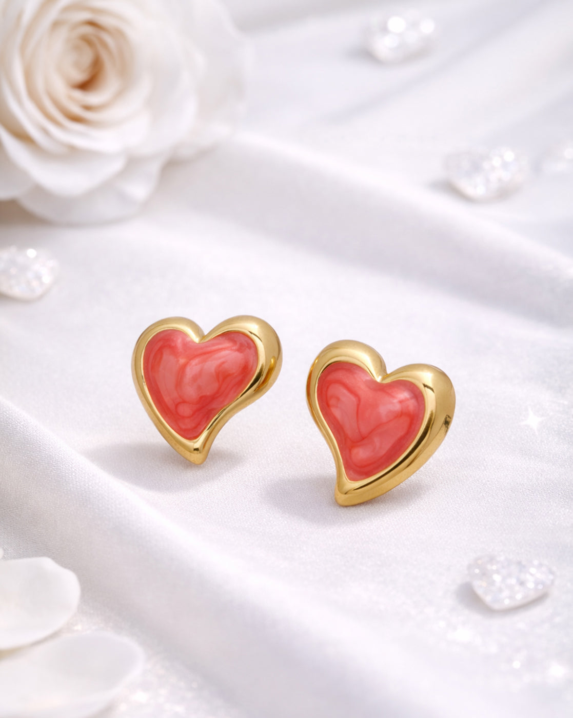 Gold Plated Swirl Enamel Contemporary Heart Stud Earring