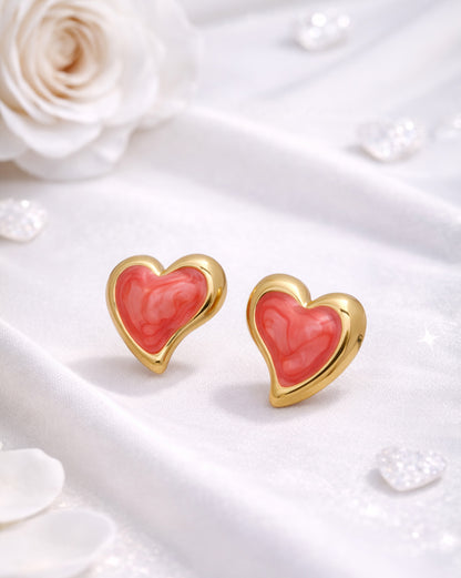 Gold Plated Swirl Enamel Contemporary Heart Stud Earring