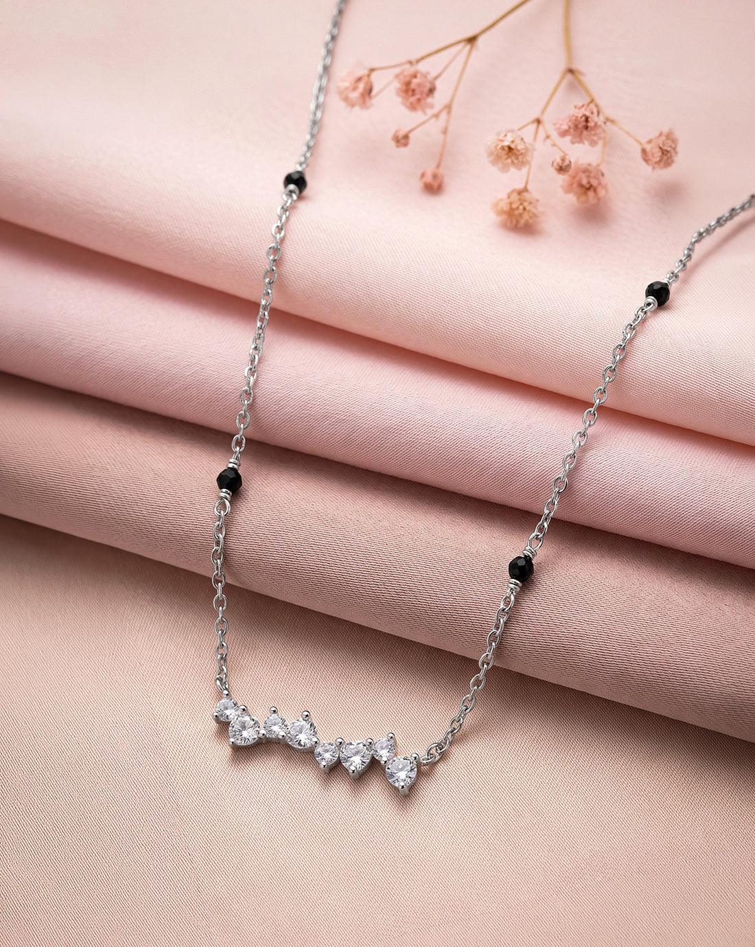 925 Sterling Silver Rhodium Plated Natural black bead &amp; CZ Studded Designer Solitaire Mangalsutra