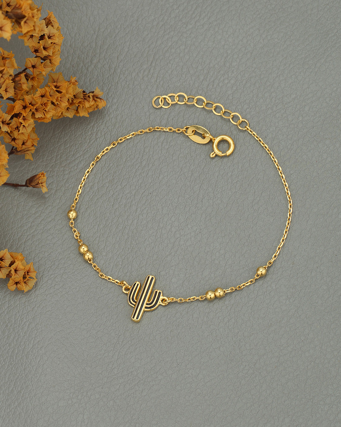 18kt Gold Plated Enamel Cactus Charm Adjustable Bracelet