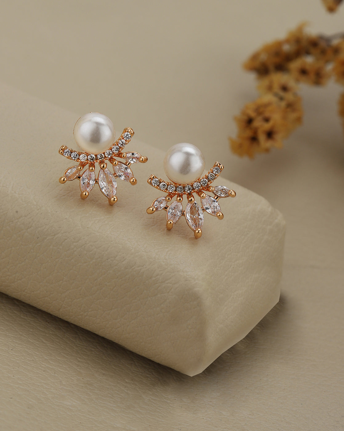 Rose Gold Plated CZ Studded and Pearl Cluster Stud Earring