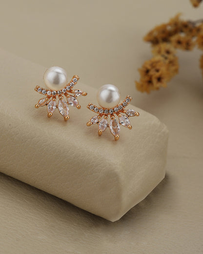 Rose Gold Plated CZ Studded and Pearl Cluster Stud Earring