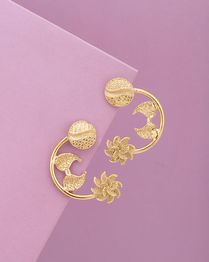 Gold Plated Textured Crescent Moon Drop Floral Earrings