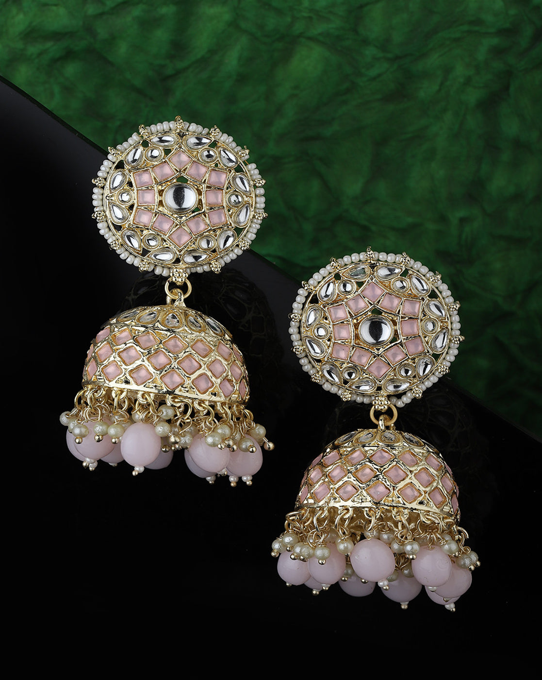 Gold Plated Kundan Studded Dome Jhumka Earring with Pink Bead Drops
