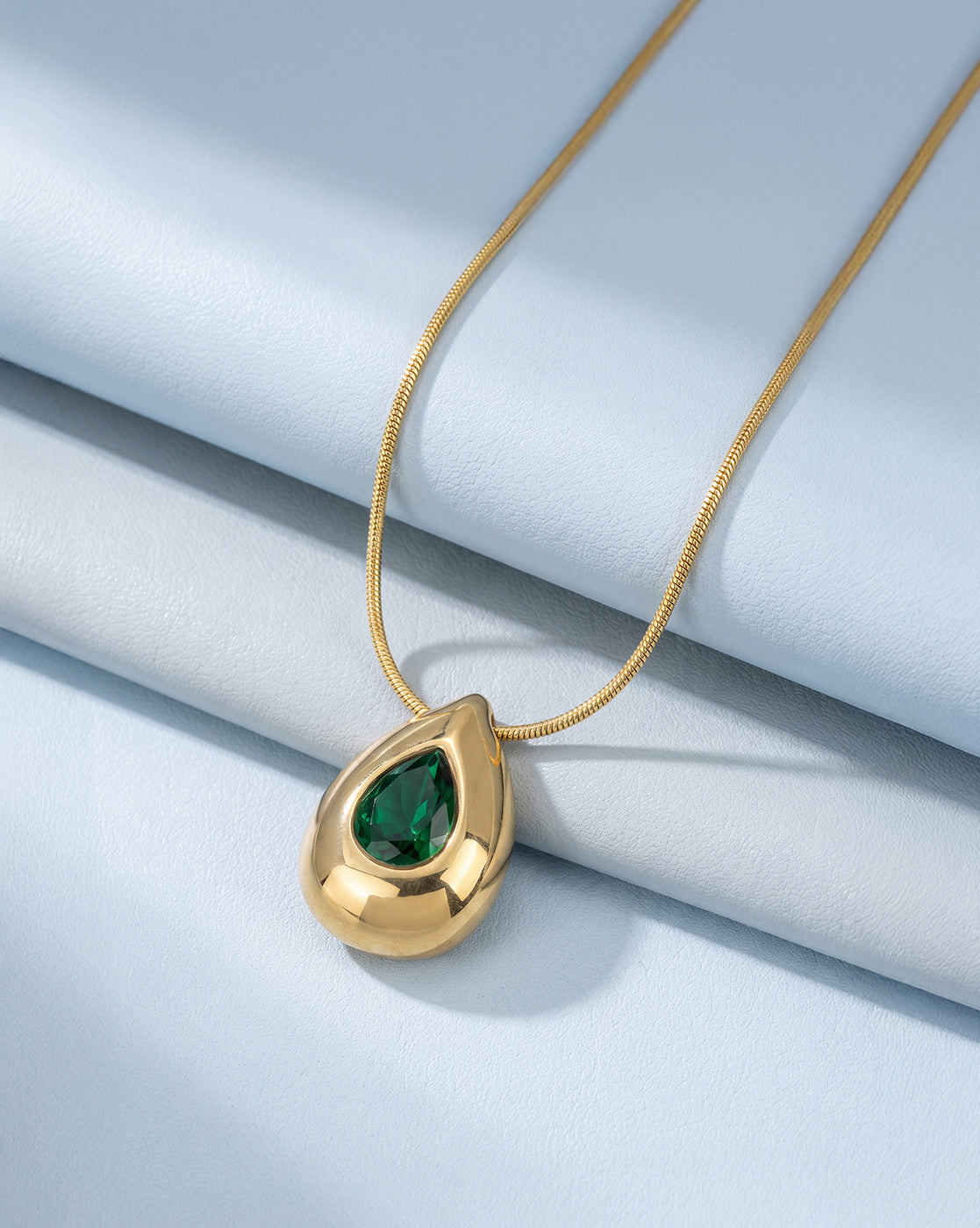 Gold Plated Emerald Green Studded Teardrop Pendant and Snake Chain