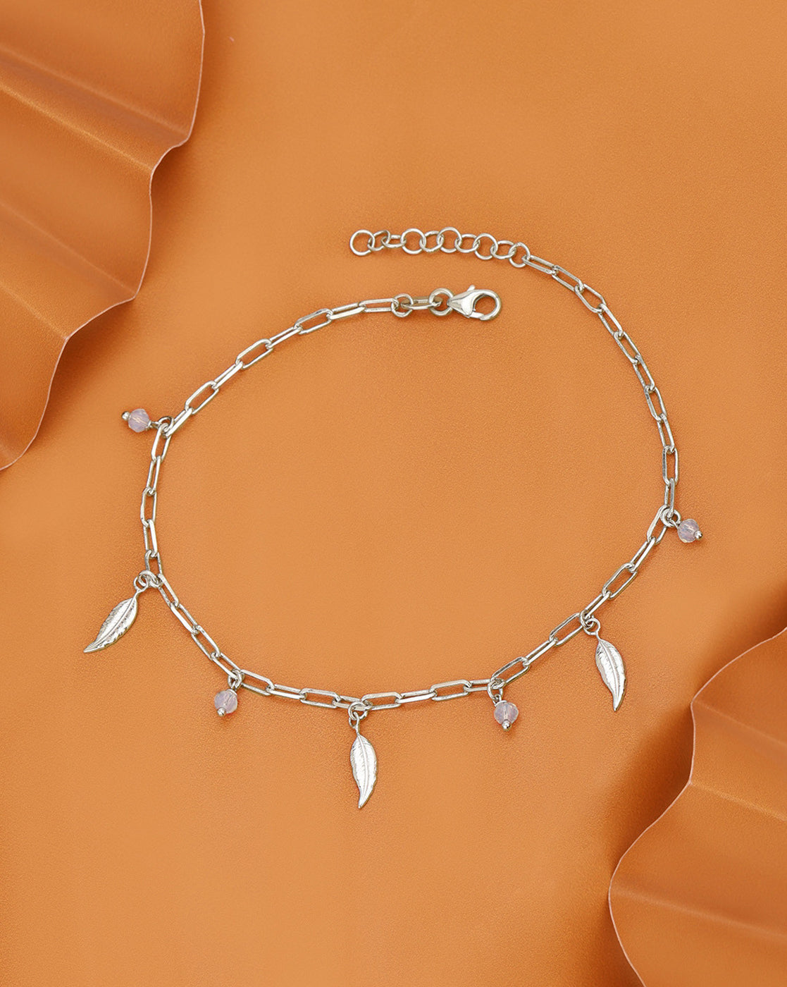 Rhodium Plated Dainty Leaf &amp; Crystal Charm with Paperclip Adjustable Chain Anklet