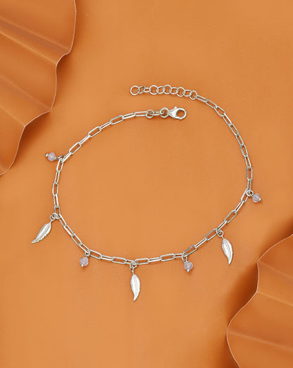 Rhodium Plated Dainty Leaf &amp; Crystal Charm with Paperclip Adjustable Chain Anklet
