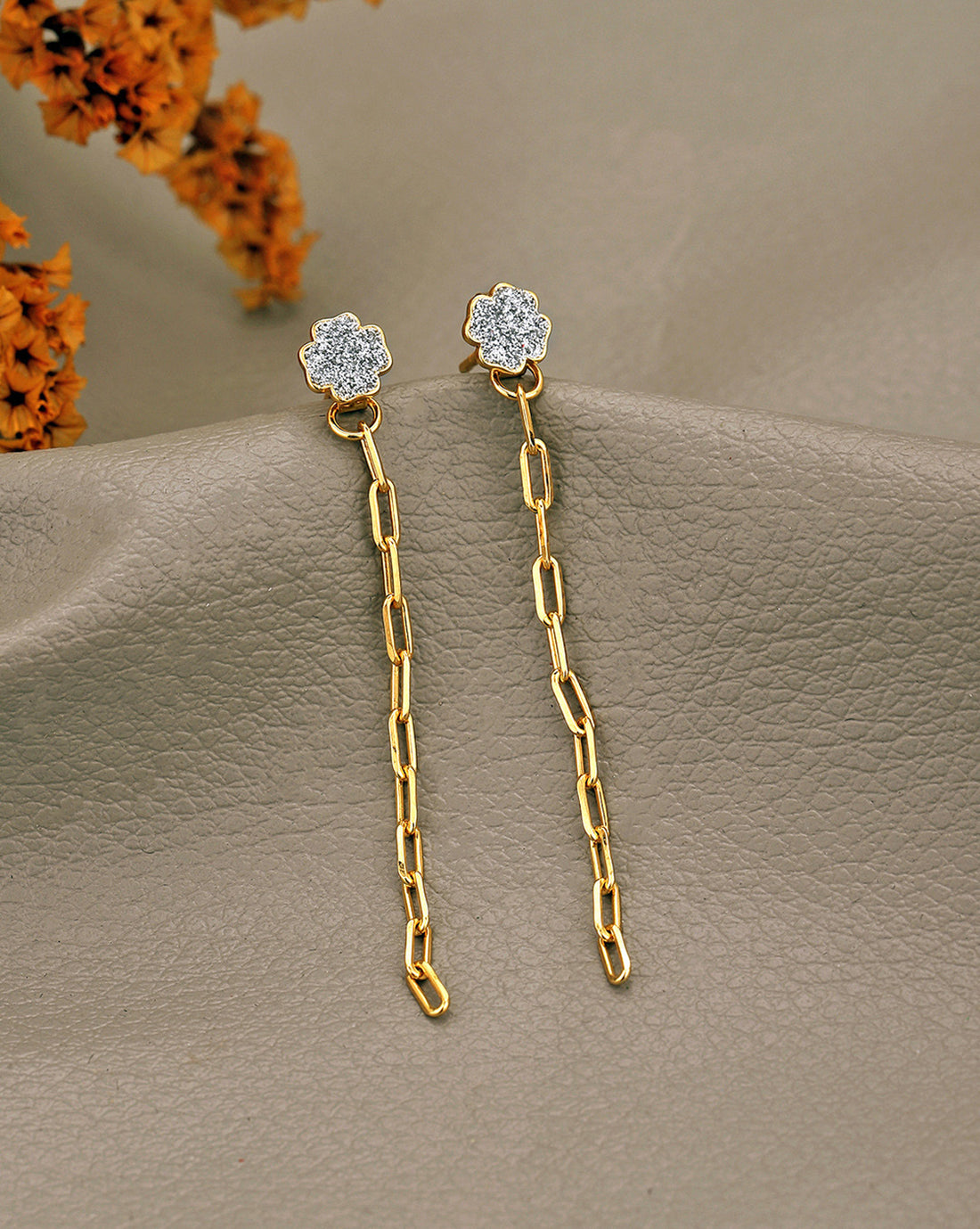 925 Sterling Silver 18kt Gold Plated CZ Dangling Chain Stud Earring