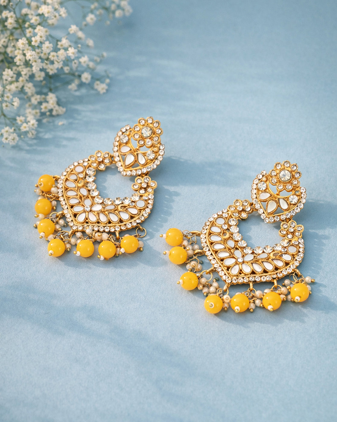 Gold Plated Mirror-Detail Chandbali Earrings with Yellow Bead Drops