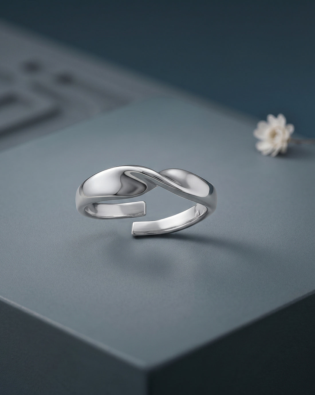 Rhodium Plated Contemporary Twisted Design Adjustable Ring