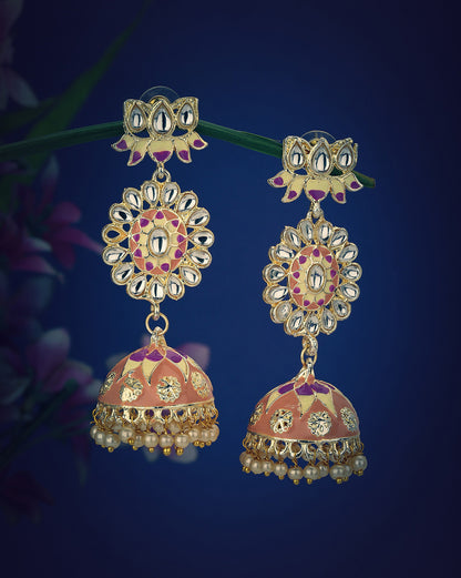 Gold Plated Kundan Medallion Jhumka Earrings with Peach Meenakari Dome &amp; Pearl Drops
