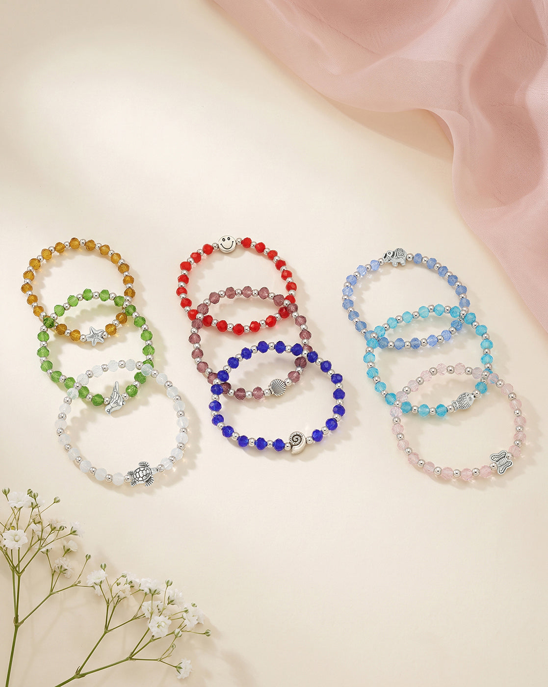 Set of 9 Coloured Bead &amp; Silver Plated Butterfly-Tortoise-Star-Elephant-Smiley-Bird-Butterfly Charm Bracelet for Girl