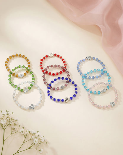 Set of 9 Coloured Bead &amp; Silver Plated Butterfly-Tortoise-Star-Elephant-Smiley-Bird-Butterfly Charm Bracelet for Girl