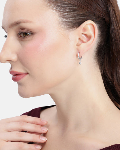Rhodium Plated Dangling Blue Topaz Mini Hoop Earring