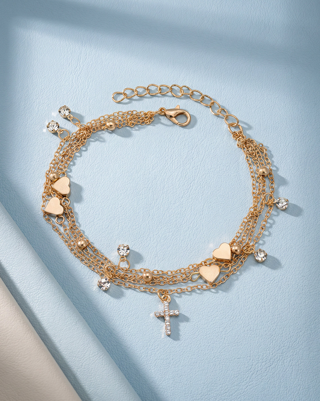 Set of 4 Rose Gold Plated Heart, Solitaire &amp; CZ studded Cross Layered Anklet