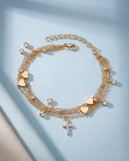 Set of 4 Rose Gold Plated Heart, Solitaire &amp; CZ studded Cross Layered Anklet