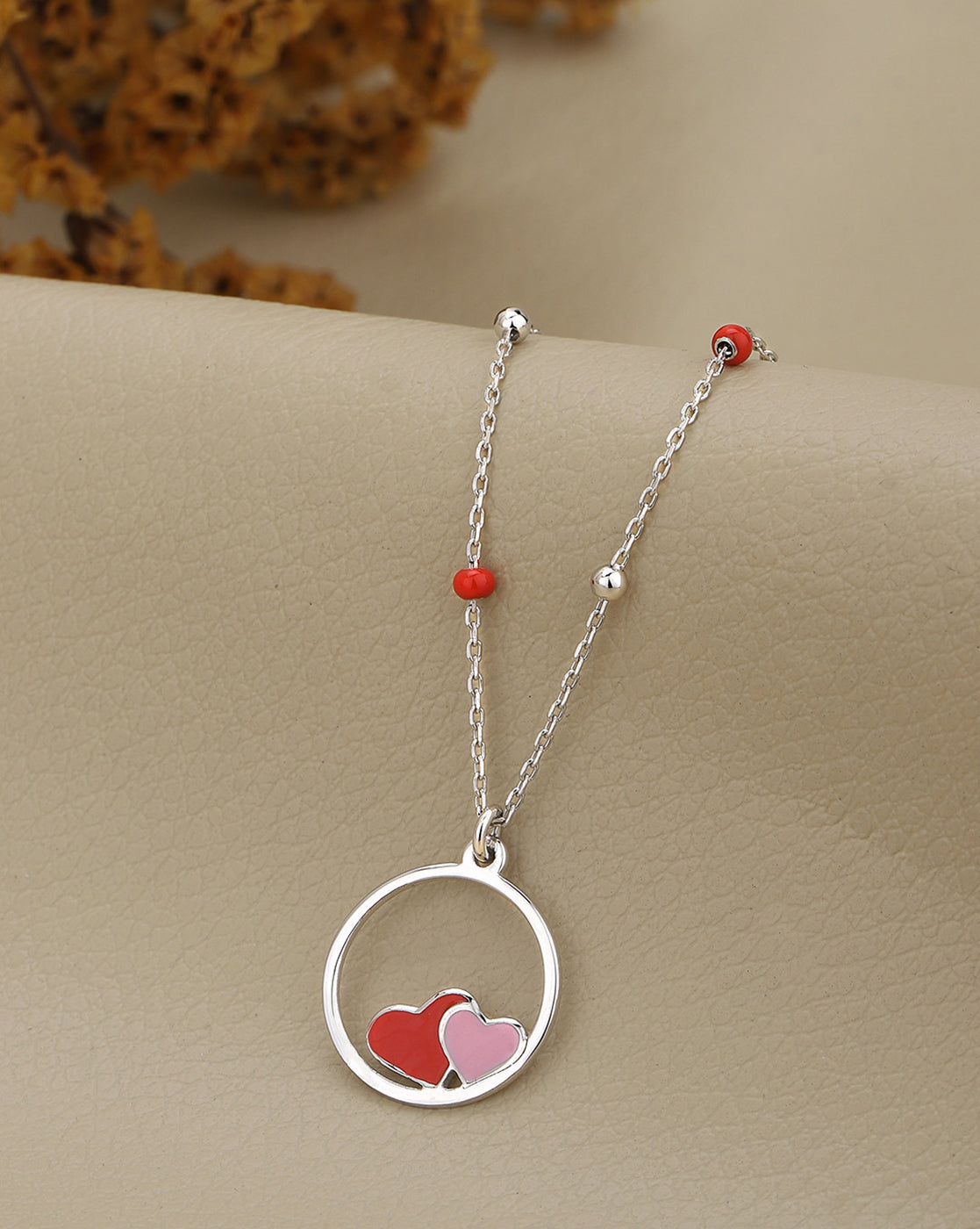 925 Sterling Silver Rhodium Plated Enamel Twin Heart in Circular Pendant and Chainn