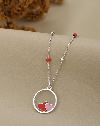 925 Sterling Silver Rhodium Plated Enamel Twin Heart in Circular Pendant and Chainn