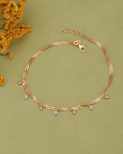 18kt Rose Gold Plated Dangling Bead Charm Accents with Singapore Chain Adjustable  Anklet