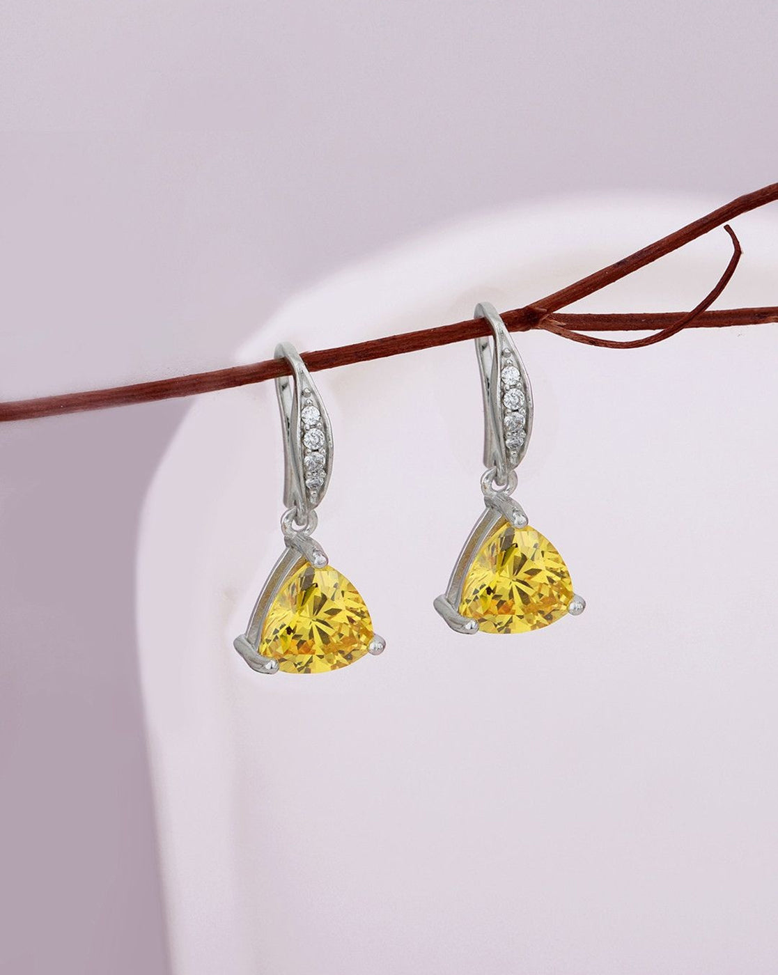 Rhodium Plated Citrine Yellow Solitaire Triangular Drop Earring