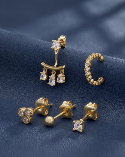 Gold Plated Designer Ear Cuff, Petite Stud &amp; Front-Back Earring Piercing Set