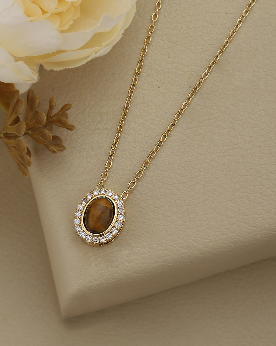 Gold Plated Modern Tiger Eye &amp; CZ Halo Studded Necklace